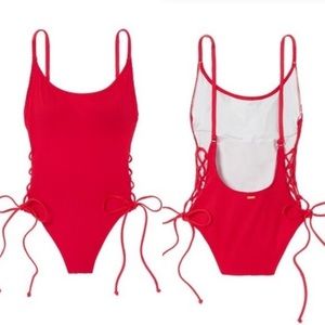 VS Pink Red Ribbed Open Back Lace-Up One Piece Size S